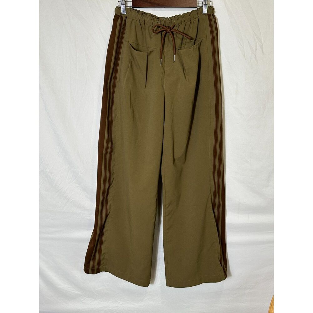 PUWEI Womens Wide Leg Track Pants Size L Olive Green Tan Stripe Drawstring Waist